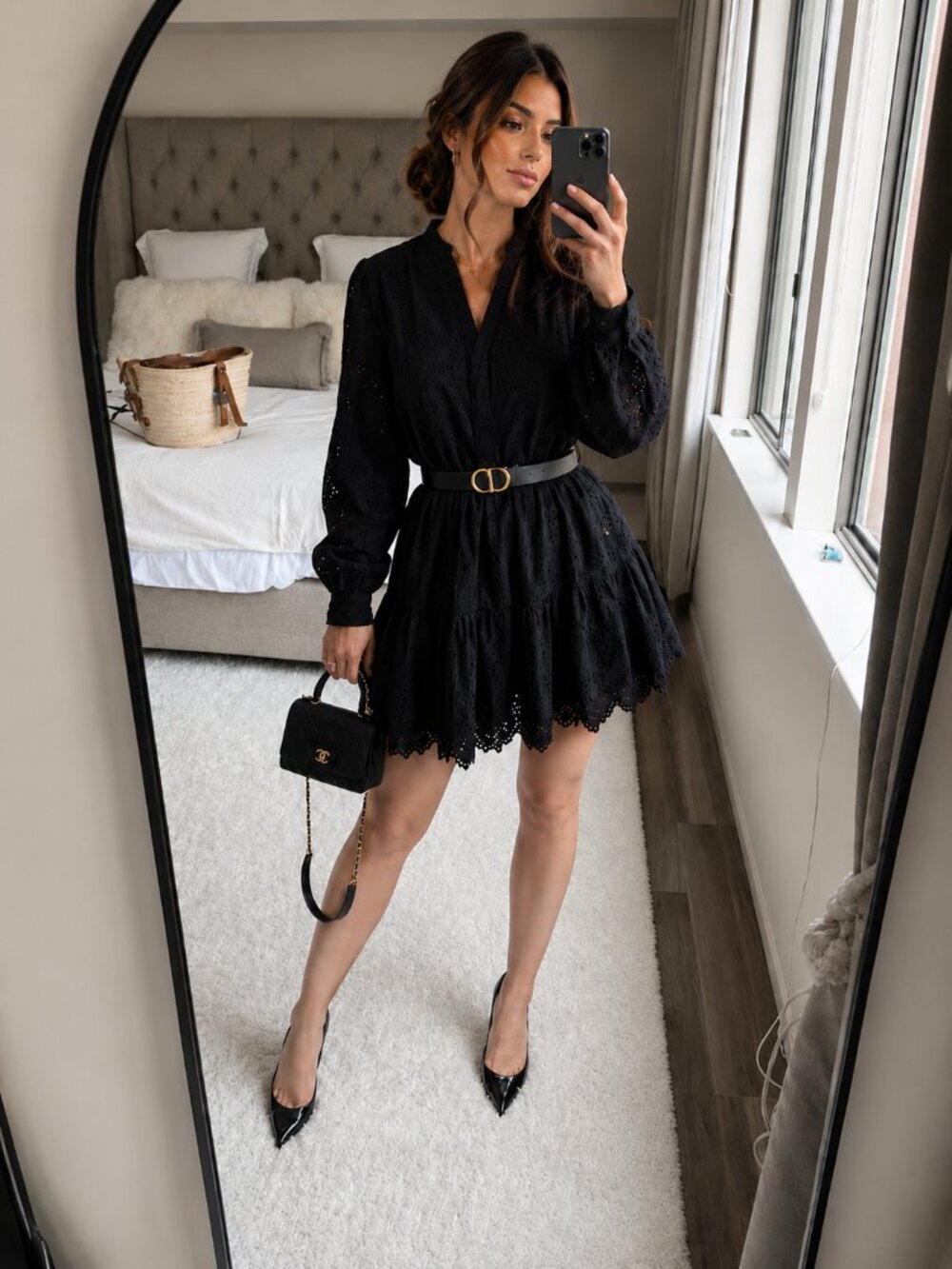 Eyelet Mini Black Dress, 100% Cotton